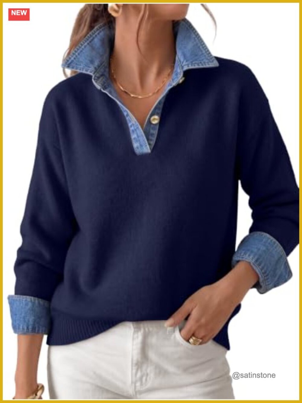 Women's V-Neck Knit Polo Sweater Long Sleeve Contrast Trim Tunic